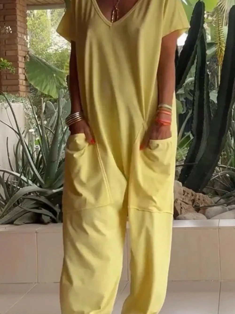 Full Size Loose Fit V-Neck Short Sleeve Wide Leg Jumpsuit Plus Size, image 14