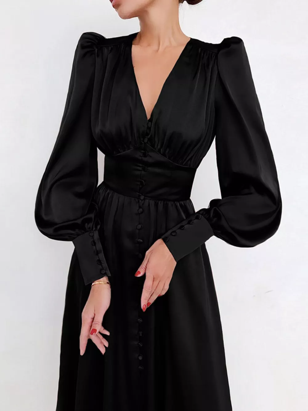Elegant V-Neck Puff Sleeve Button-Down Midi Dress, image 17
