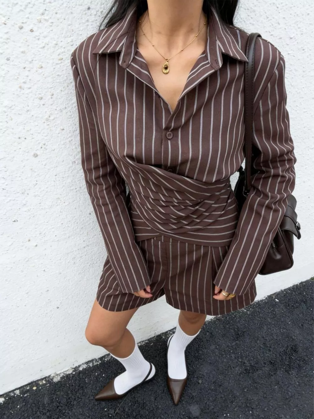 Striped Long-Sleeve Wrap Shirt and Shorts Two-Piece Set, image 3