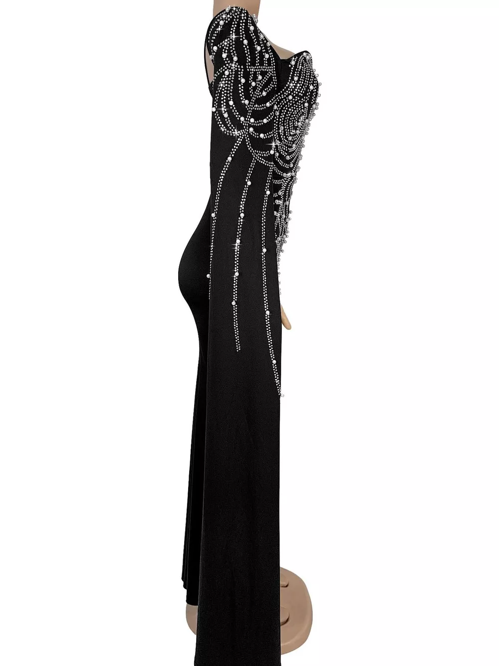 Rhinestone Pearl Detail One-Shoulder Mermaid Maxi Dress, image 5