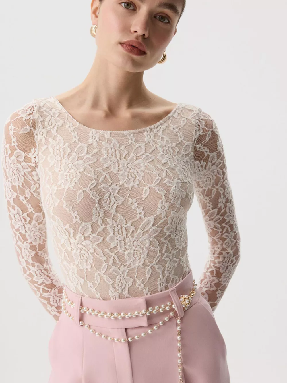 Lace Round Neck Long Sleeve Top, image 12