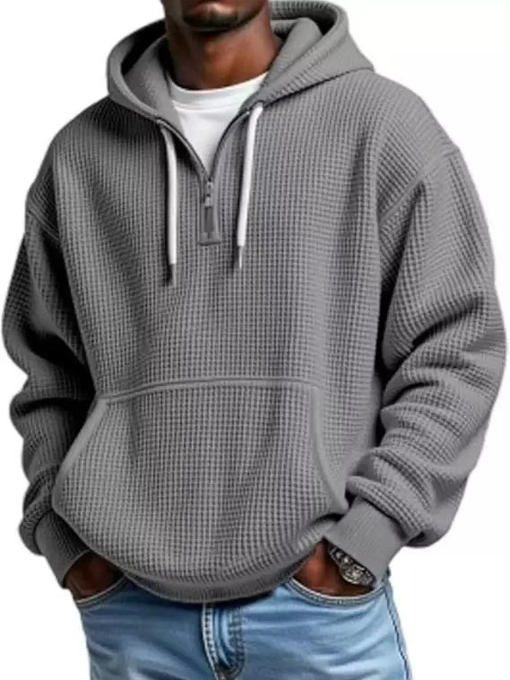 Men's Full Size Textured Waffle Knit Half-Zip Hoodie Plus Size, image 7