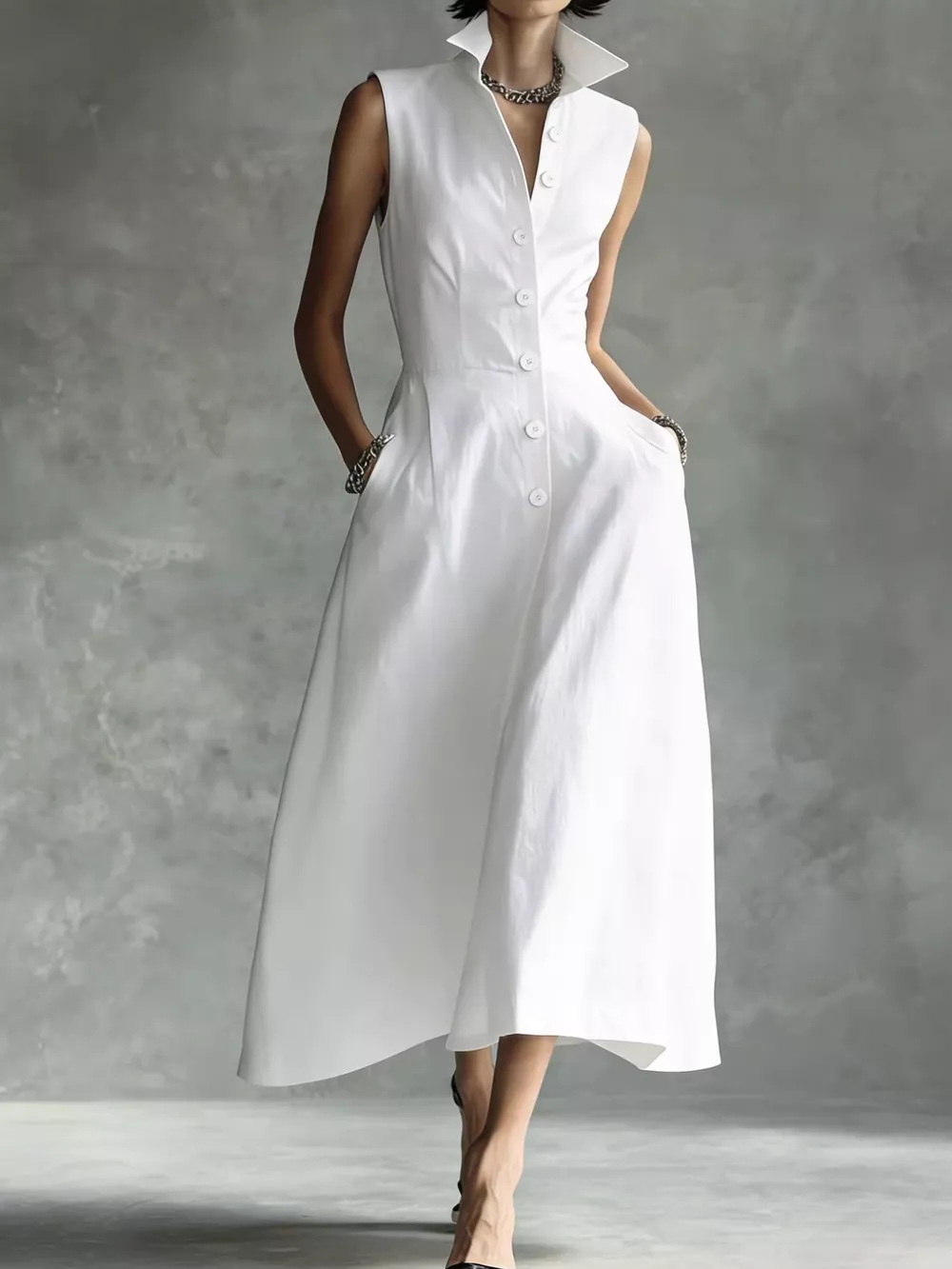 Sleeveless Button-Down Midi Shirt Dress, image 6