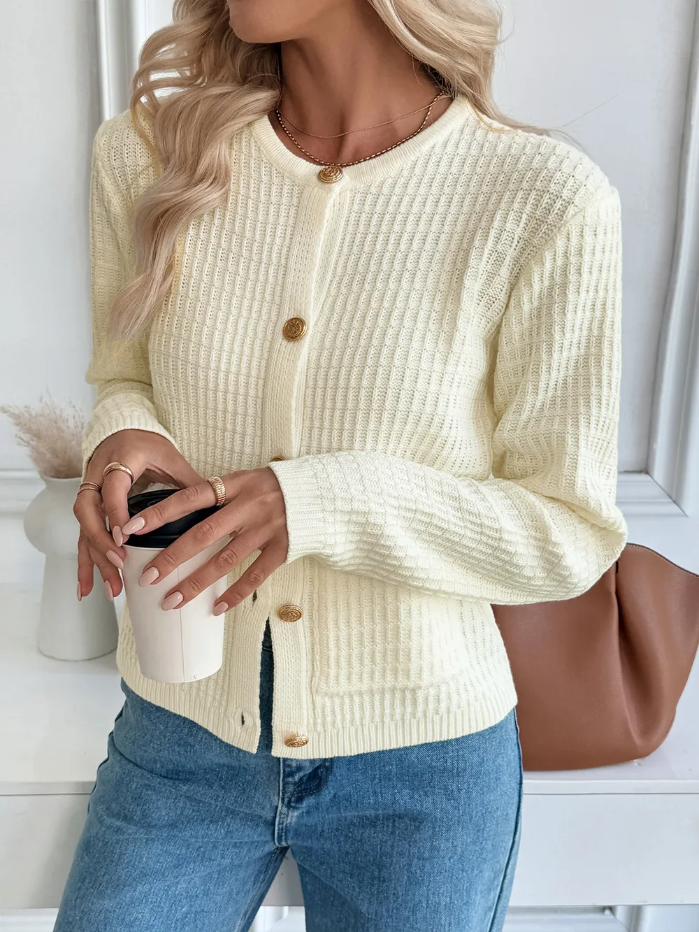 Button-Up Long Sleeve Cardigan with Pockets, image 5