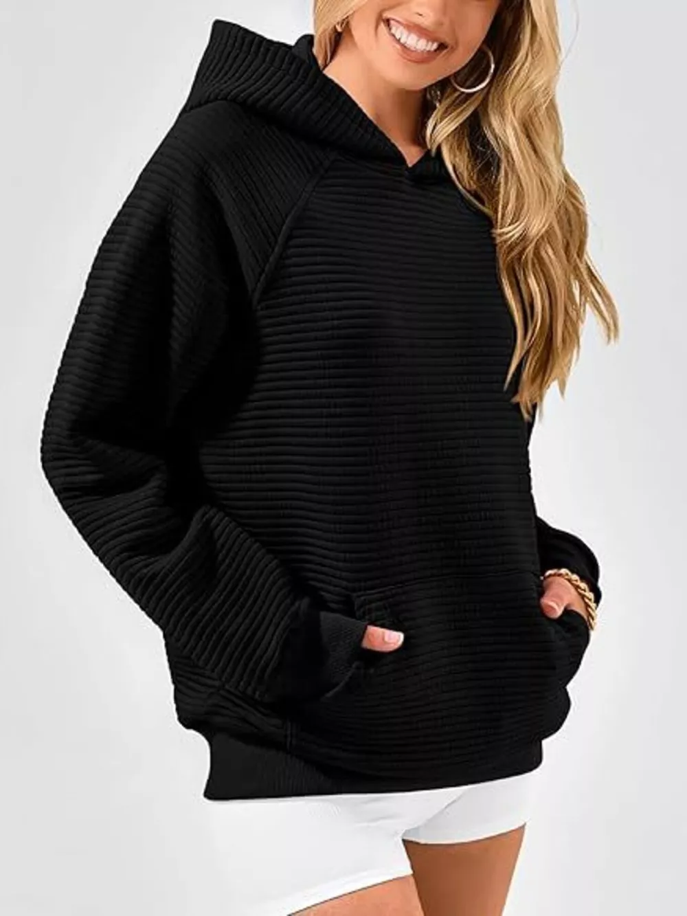 Texture Kangaroo Pocket Raglan Sleeve Hoodie, image 5