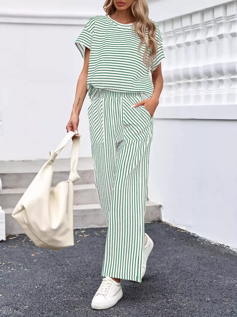 Casual Striped Short Sleeve Top and Wide Leg Pants Two-Piece Set, image 16