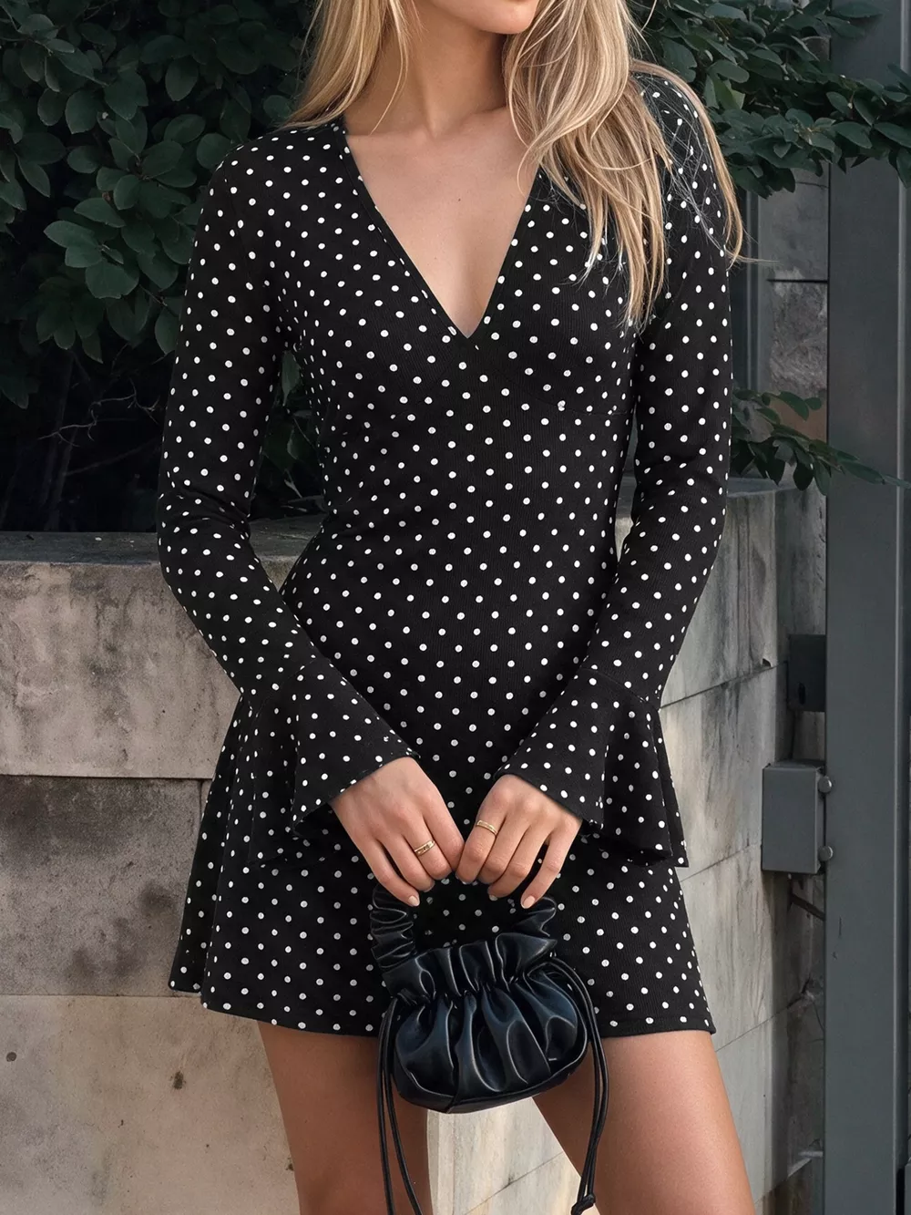 Polka Dot Long Sleeve Ruffle Hem Mini Dress, image 2