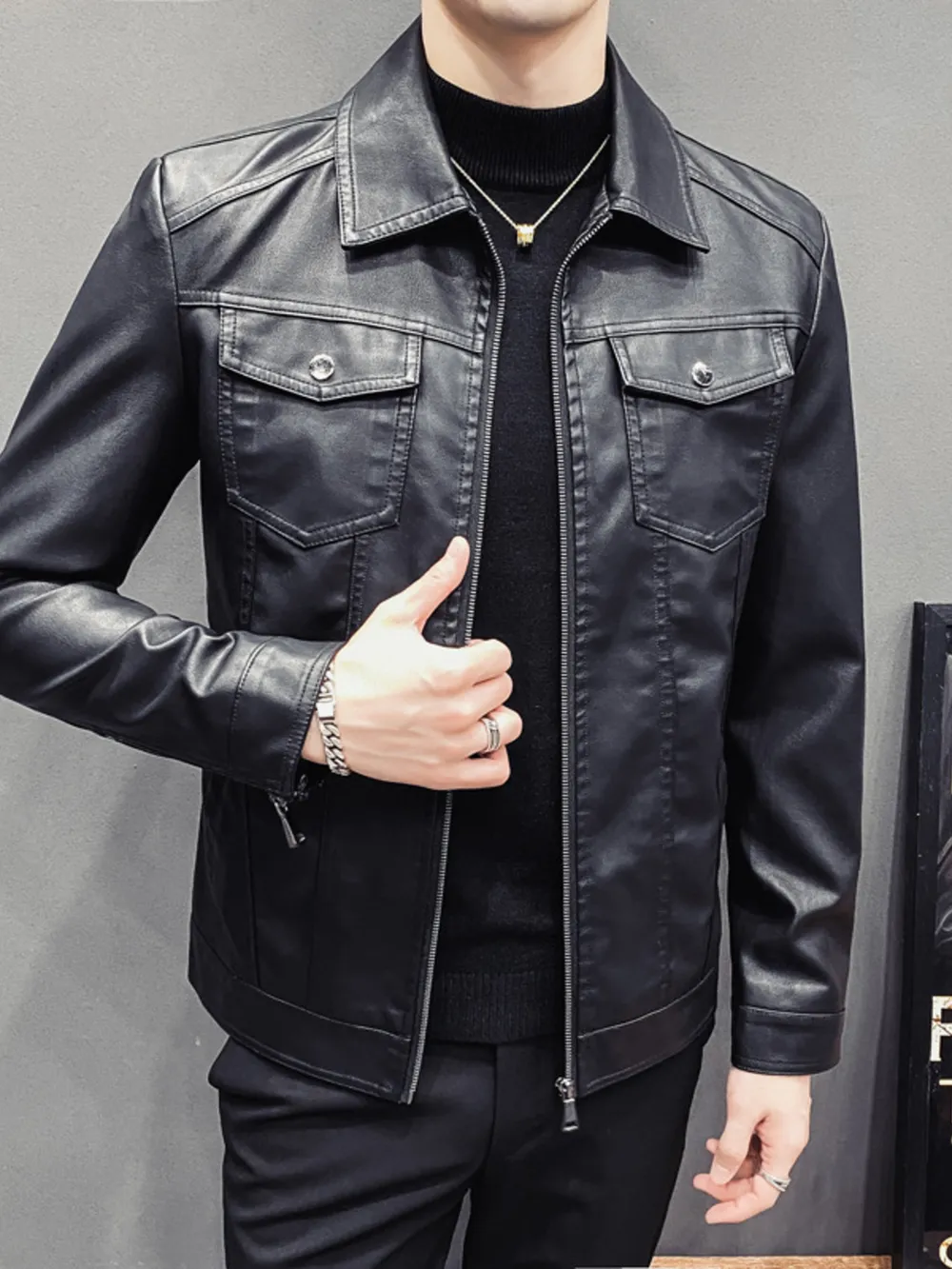 Men's Plus Size Classic Fit Faux Leather Jacket, image 3