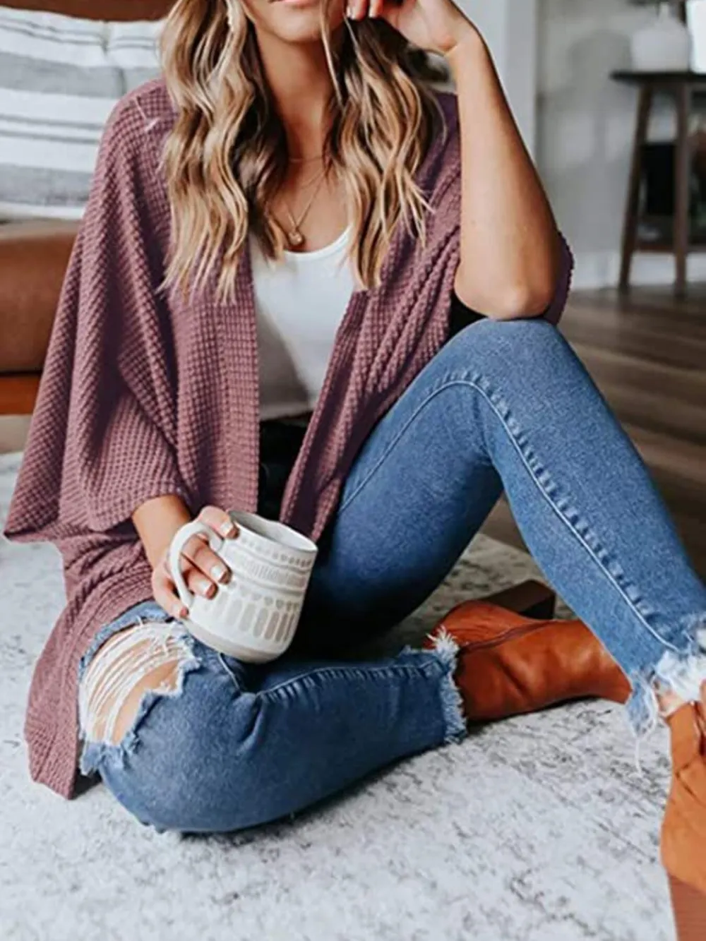 Full Size Open Front Waffle Knit Cardigan Plus Size, image 16