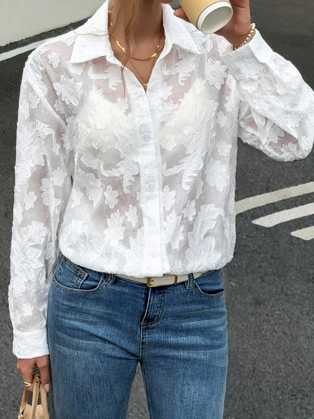 Sheer Floral Button Up Shirt, image 3