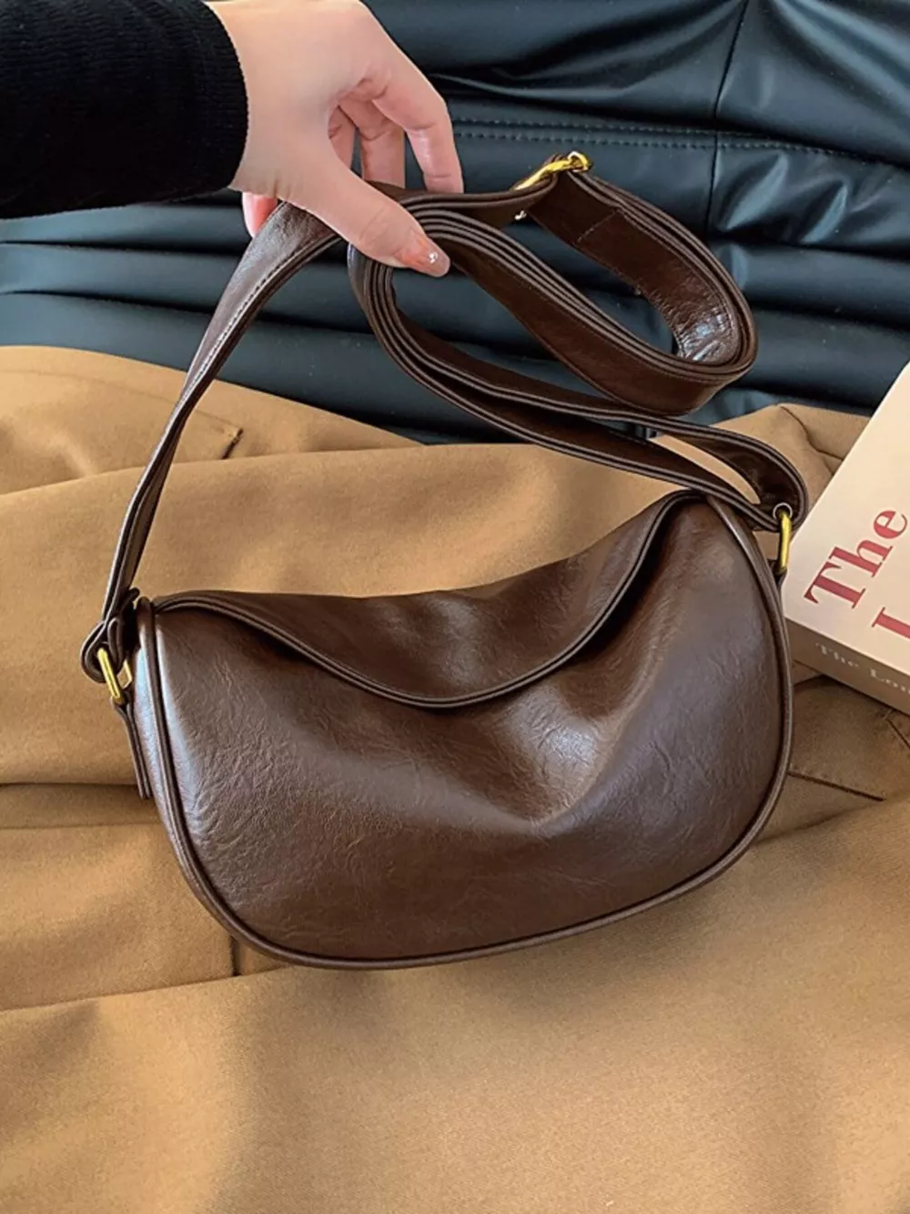 Elegant PU Leather Crescent Crossbody Bag, image 5