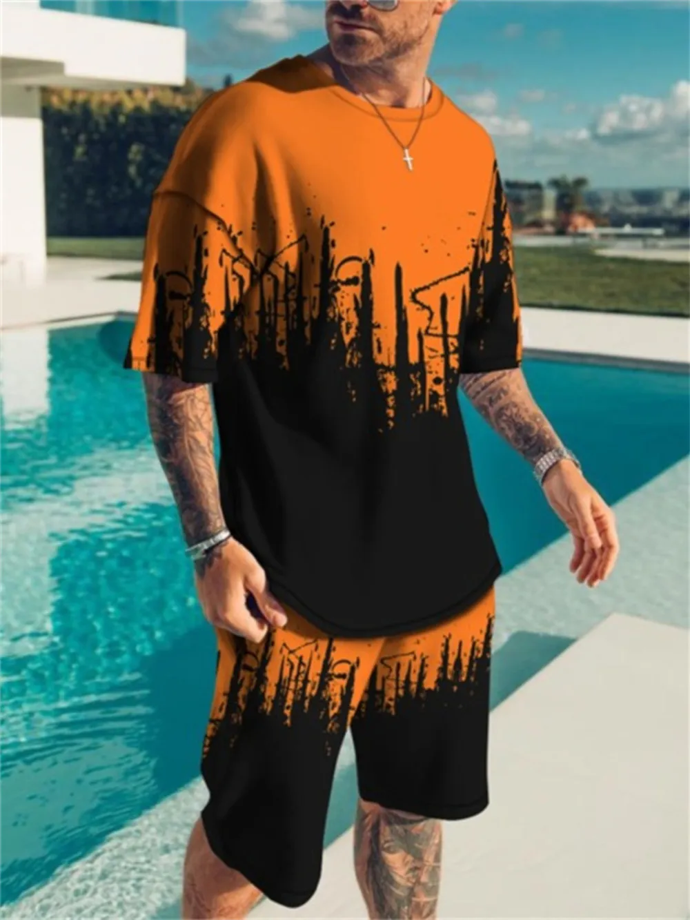 Men's Full Size Contrast Short Sleeve Top and Shorts Set Plus Size, image 5