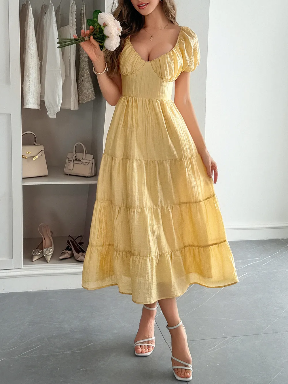 V-Neck Short Sleeve Midi Dress, image 5