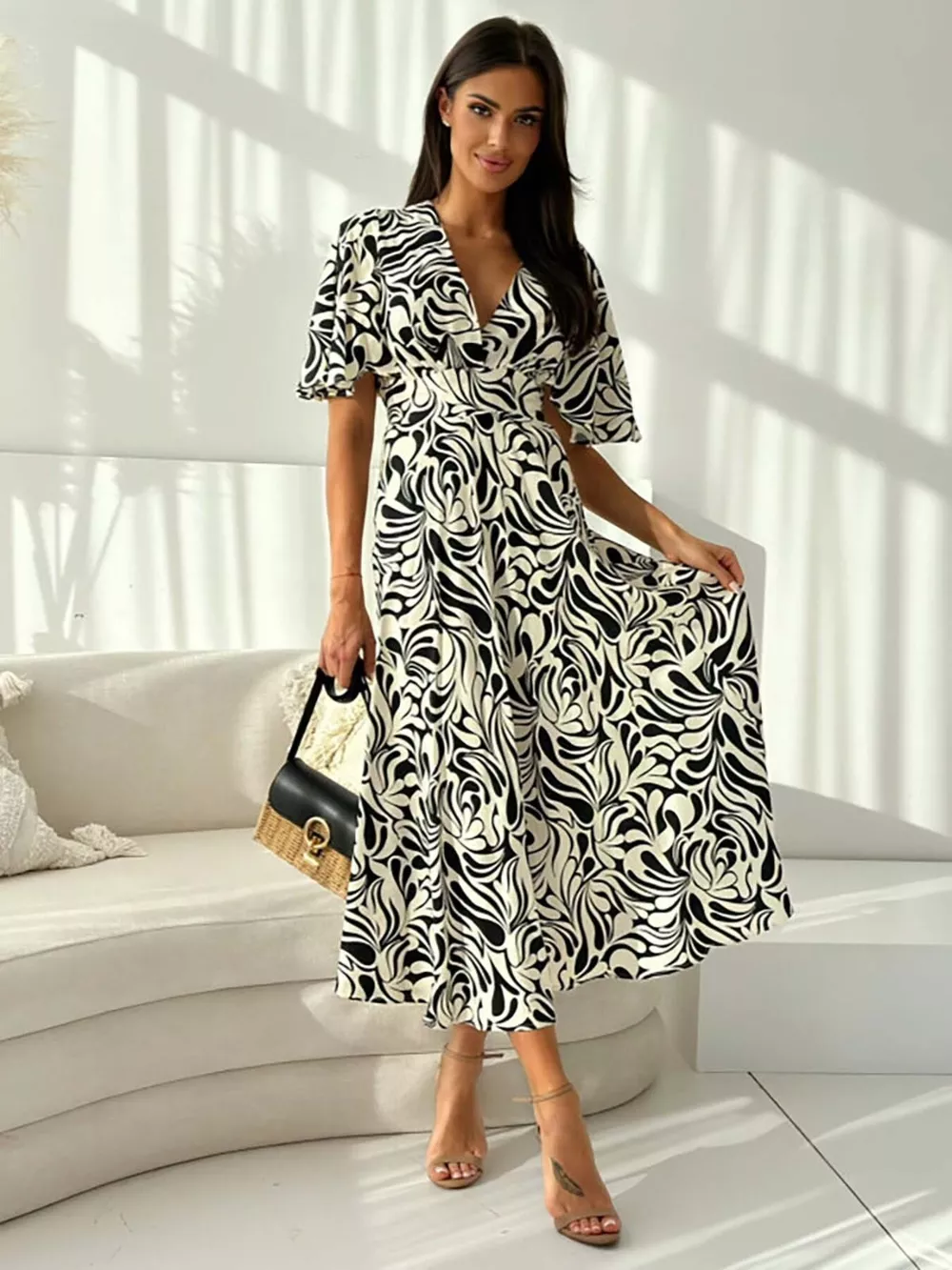 Printed Flutter Sleeve Midi Dress, image 7