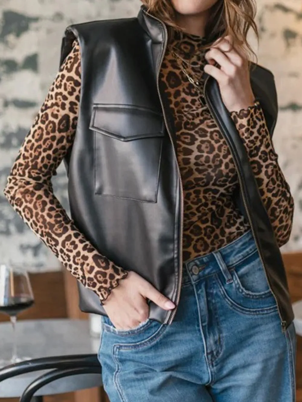 Leather Sleeveless Vest Coat with Zipper Closure, image 3