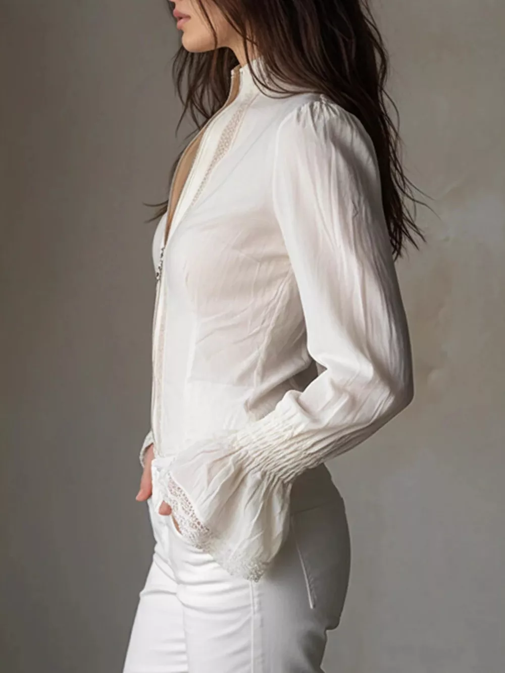 Lace Trim Zip-Up Shirt, image 2