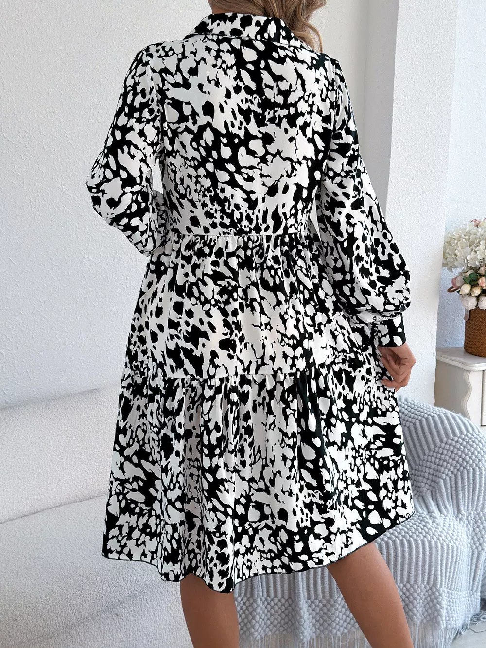 Printed Collared Neck Long Sleeve Dress, image 5