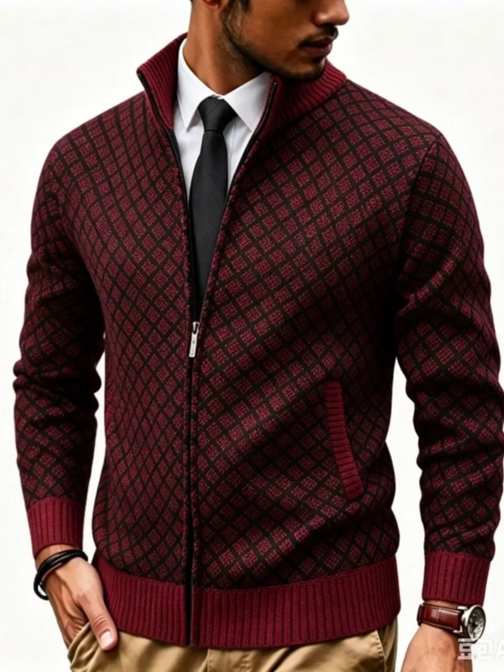 Men's Plus Size Geometric Patterned Full-Zip Cardigan, image 9