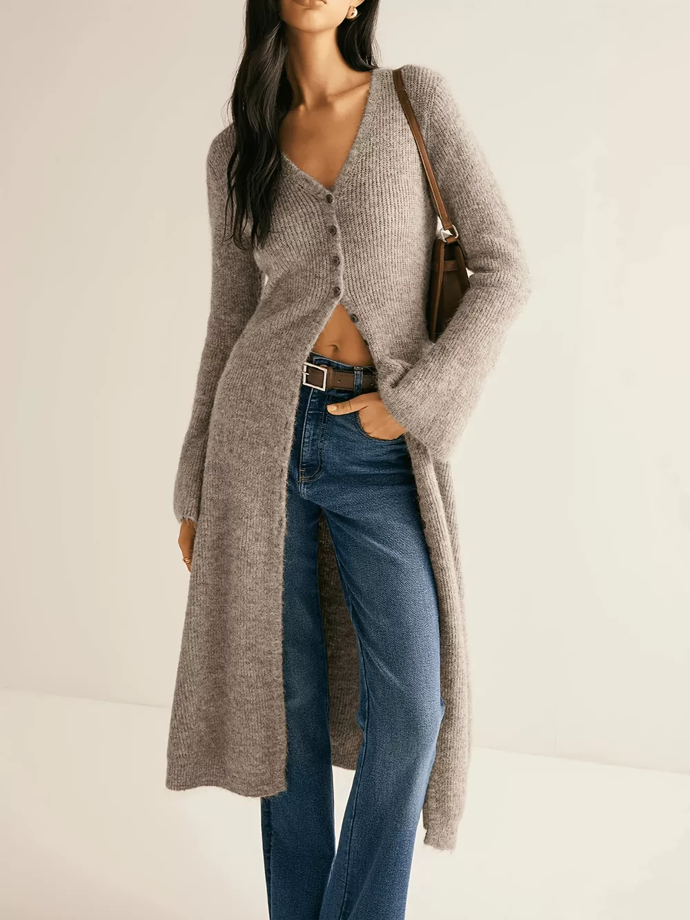 Longline Button-Down Bell Sleeve Cardigan
