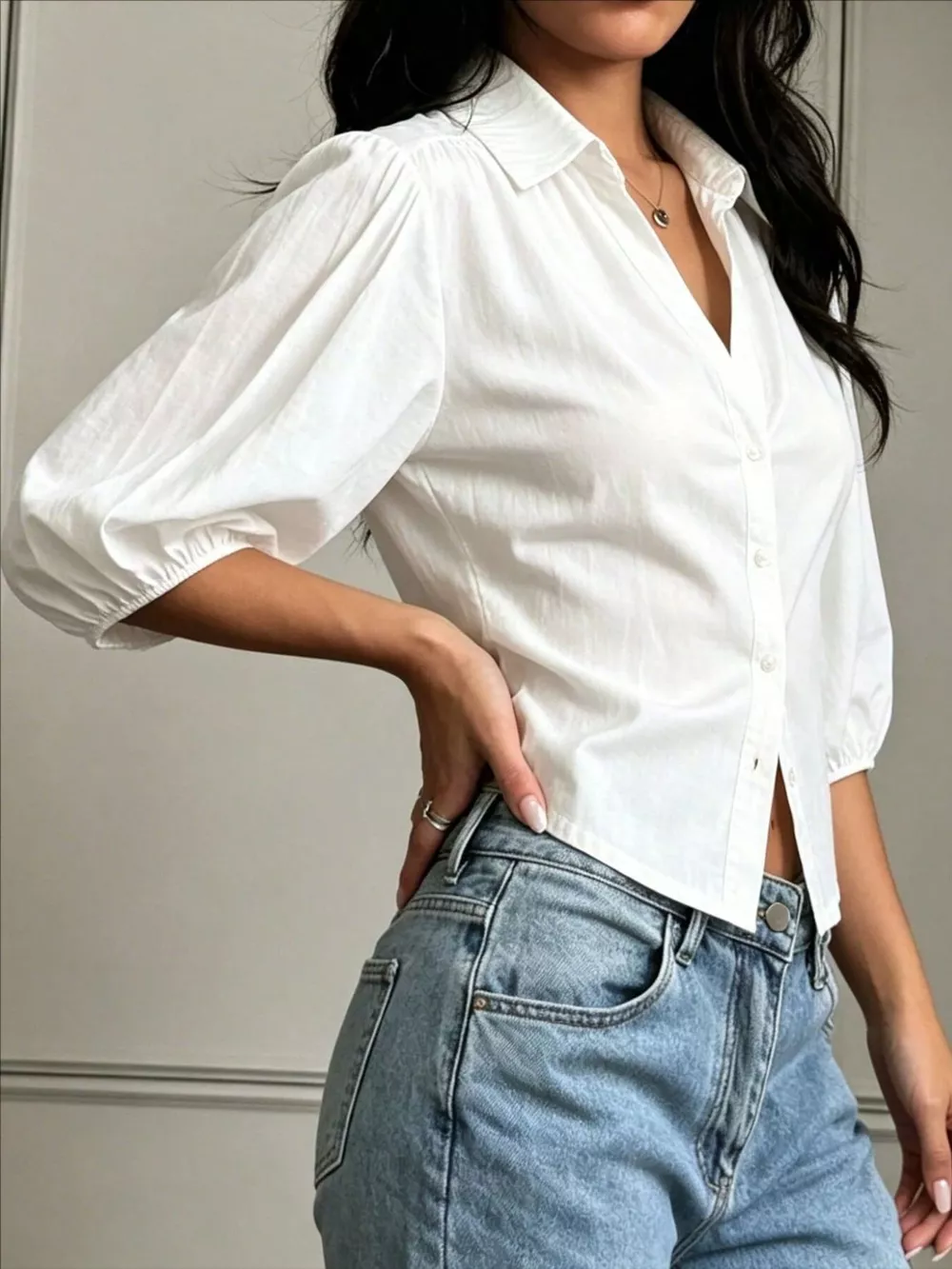 Button-Down Shirt with Puff Sleeves, image 4