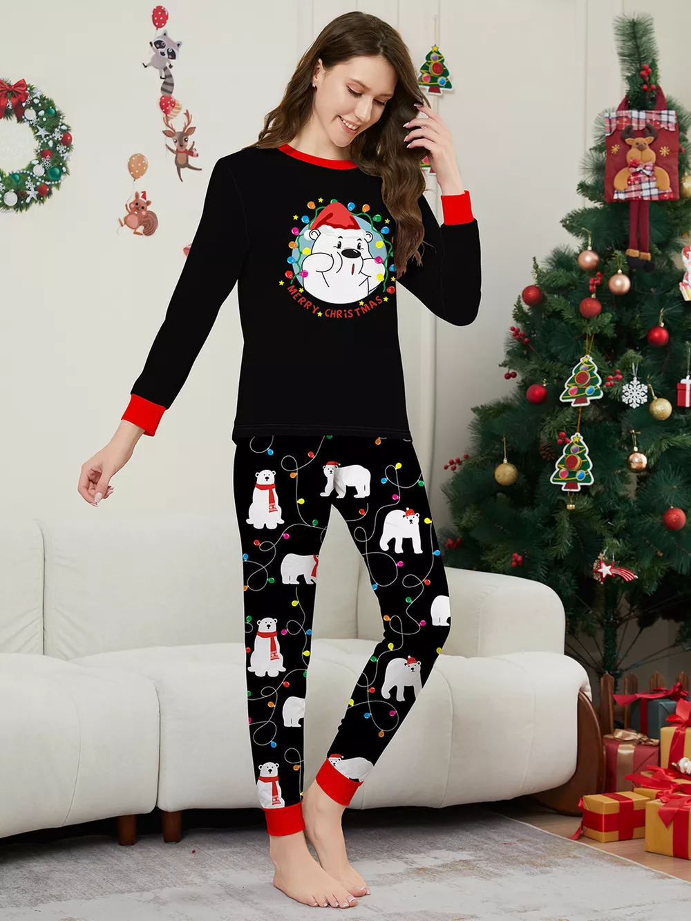 Full Size Family Matching Christmas Pajamas Set with Polar Bear Print Plus Size, image 4