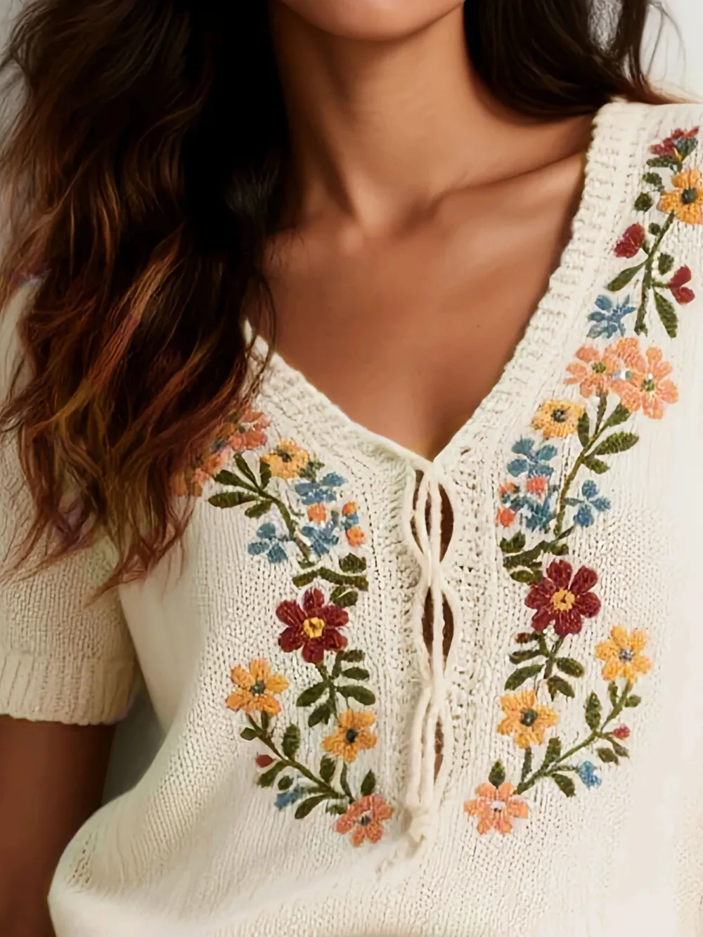 Embroidered Floral V-Neck Sweater, image 2