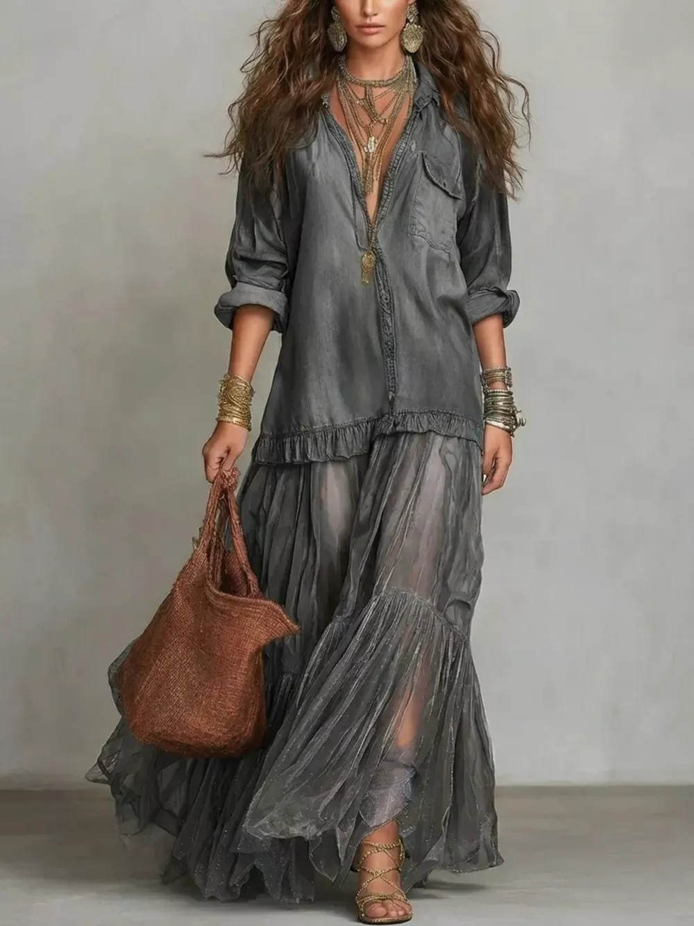 Full Size Tiered Long Sleeve Denim Shirt Maxi Dress Plus Size, image 9