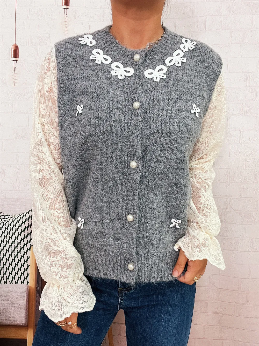 Lace Sleeve Button-Up Cardigan, image 8