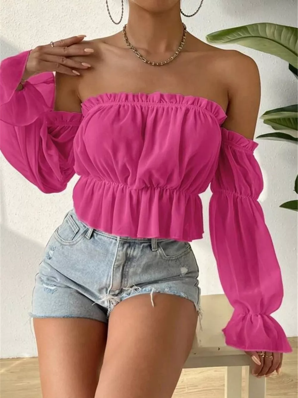 Off-Shoulder Ruffle Trim Sheer Cropped Blouse, image 10