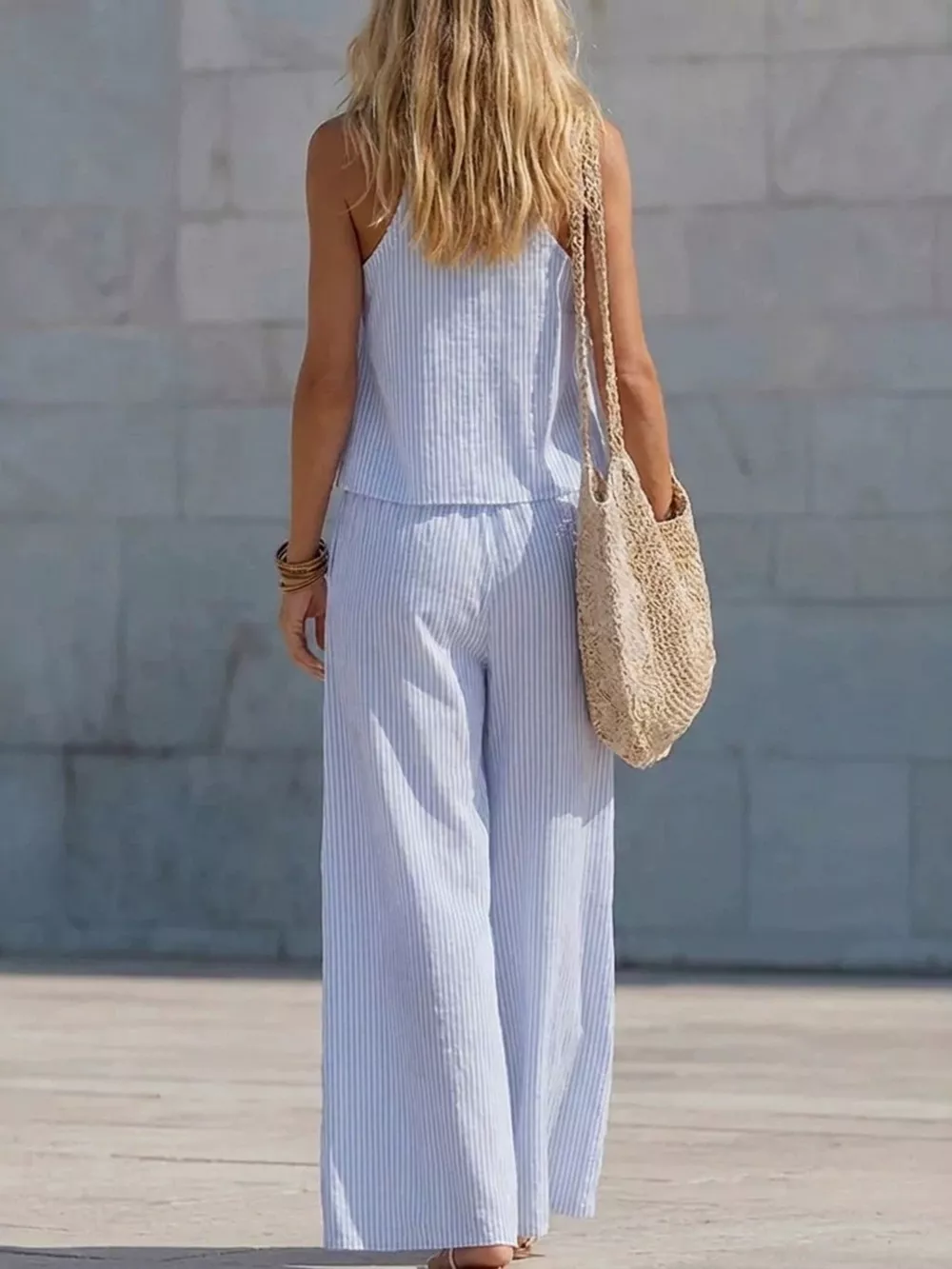 Striped V-Neck Tank and Wide-Leg Pants Set, image 2
