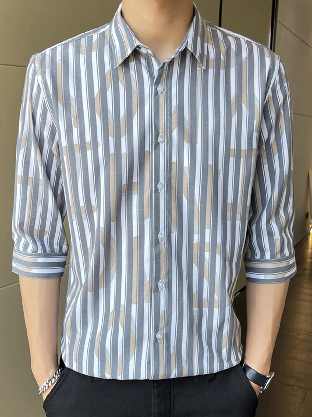 Men's Plus Size Striped Pattern Slim Fit Shirt, image 3