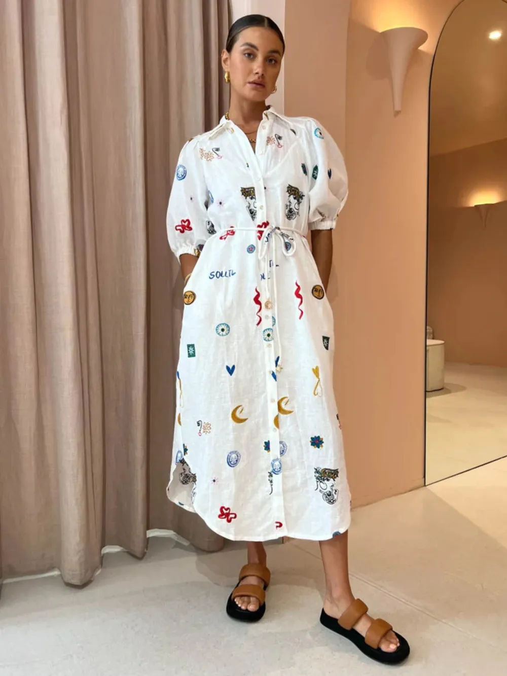 Printed Button Up Midi Shirt Dress, image 2
