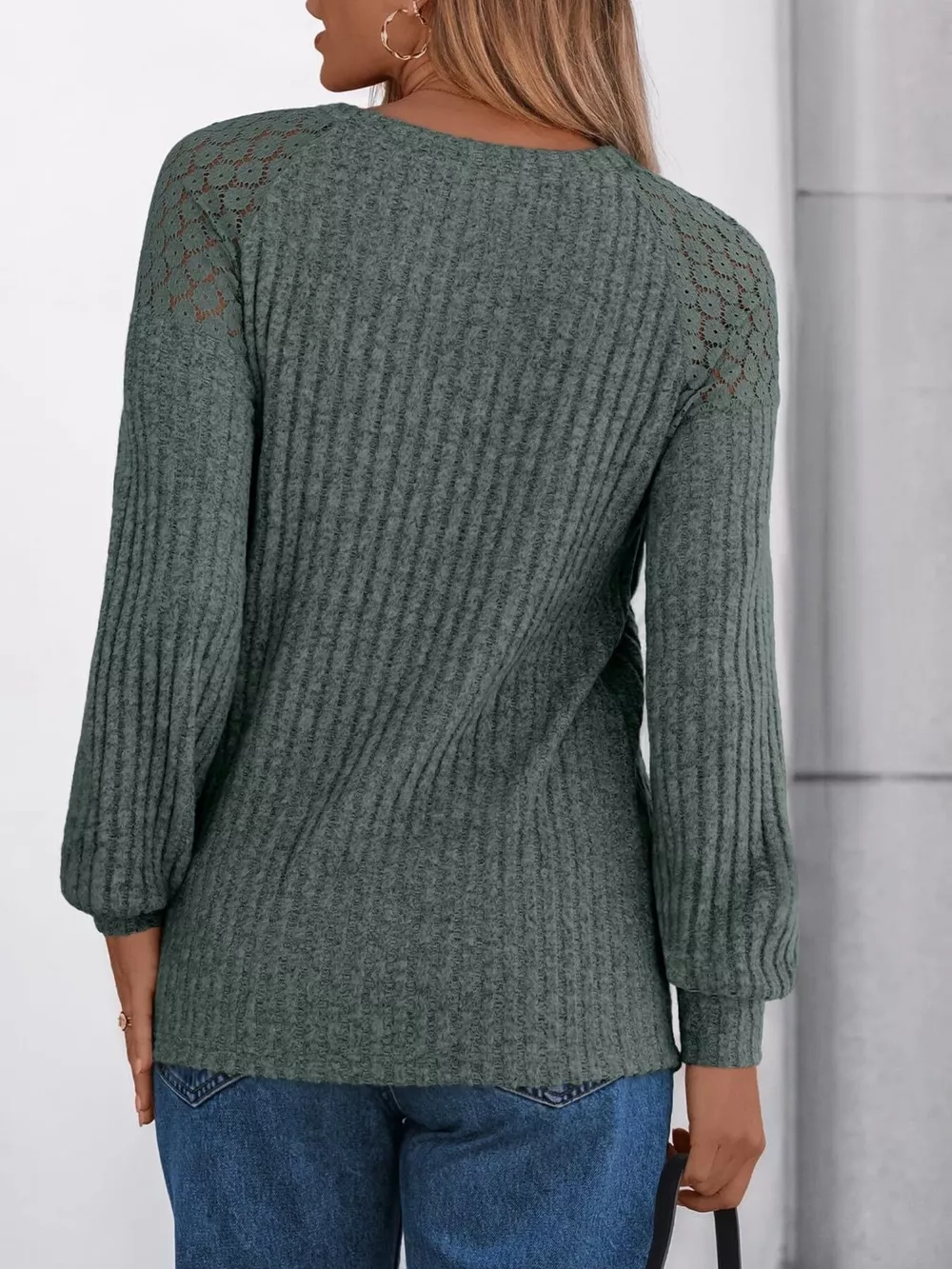 Ribbed Knit T-Shirt with Lace Shoulder Detail, image 10