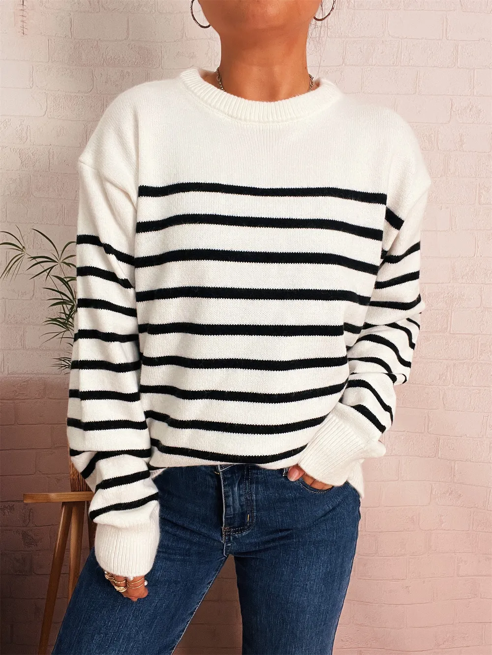 Striped Round Neck Drop Shoulder Sweater, image 4