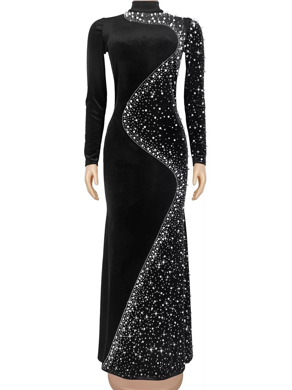 Rhinestone Embellished Velvet Mermaid Evening Maxi Dress, image 3