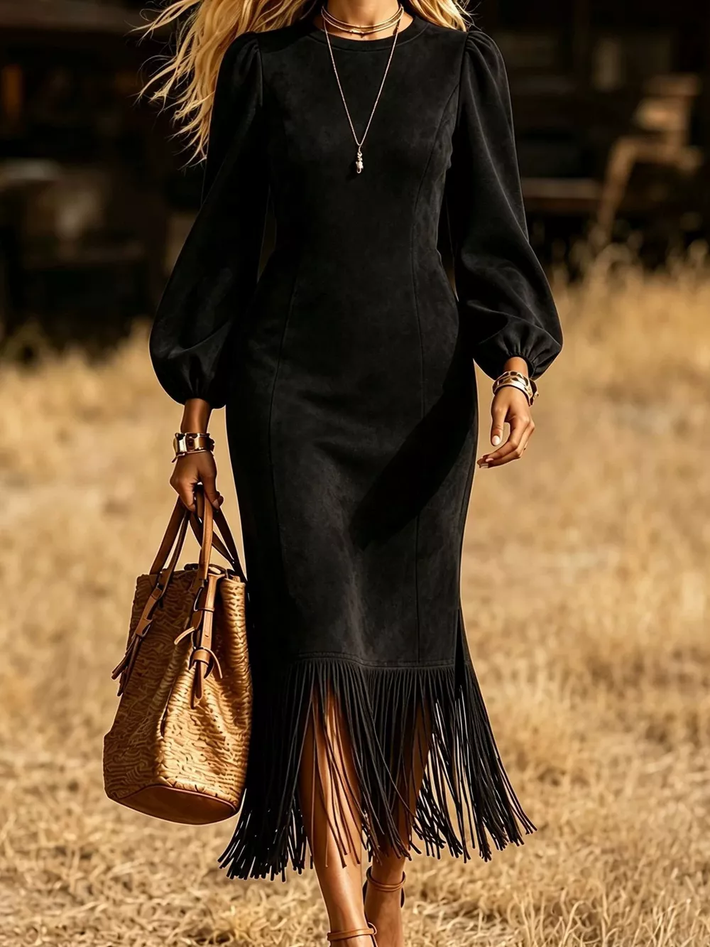 Fringe Hem Balloon Sleeve Midi Dress, image 3