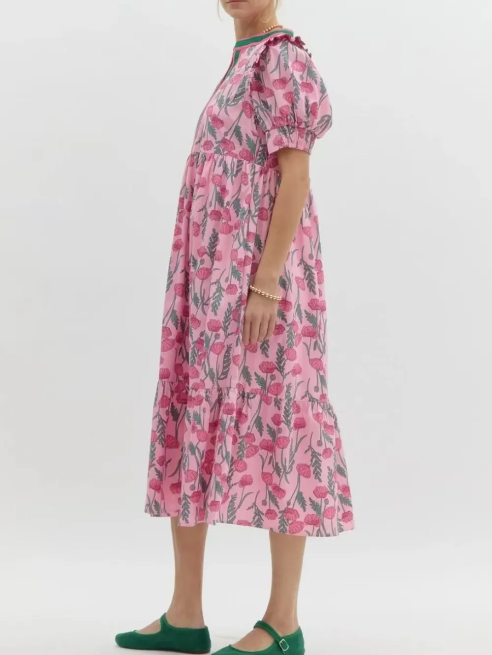 Floral Puff Sleeve Midi Dress with Contrast Trim, image 3