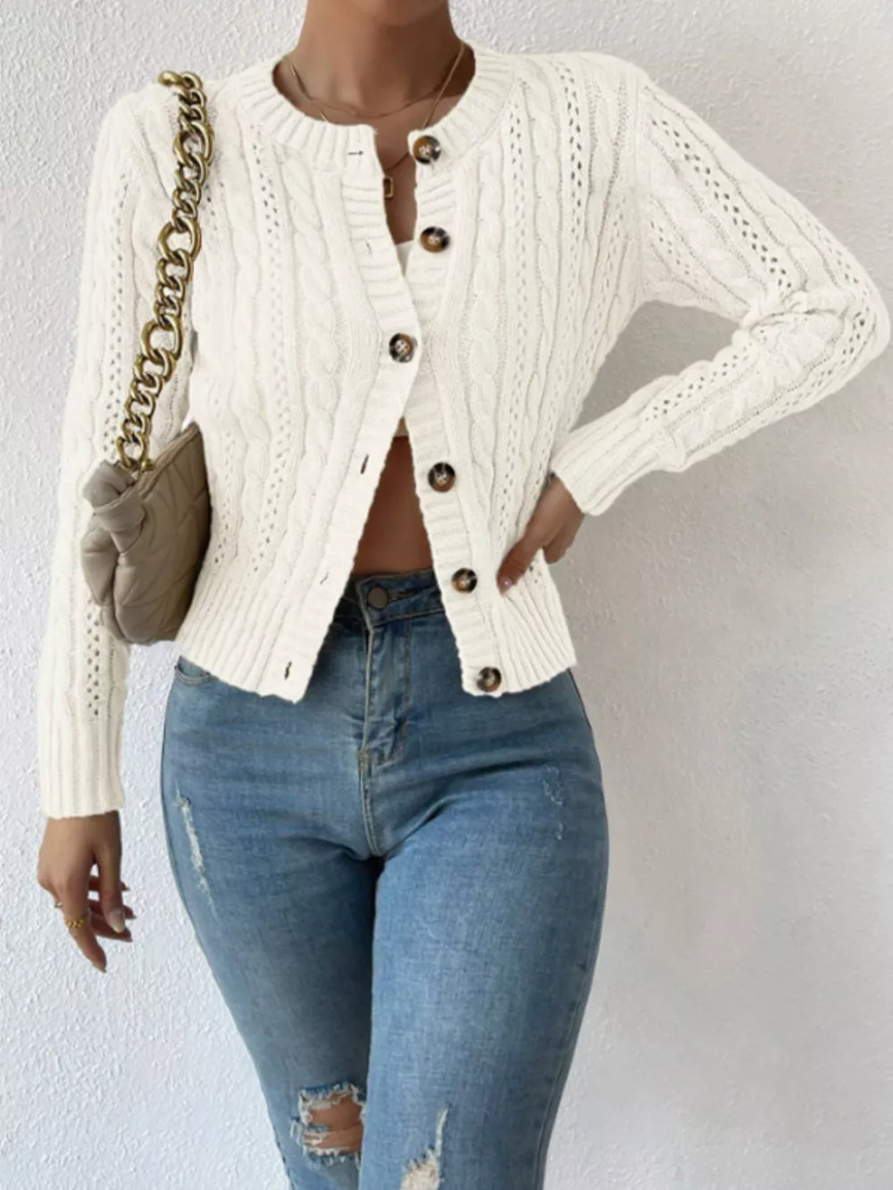 Cable Knit Button-Up Cardigan, image 6