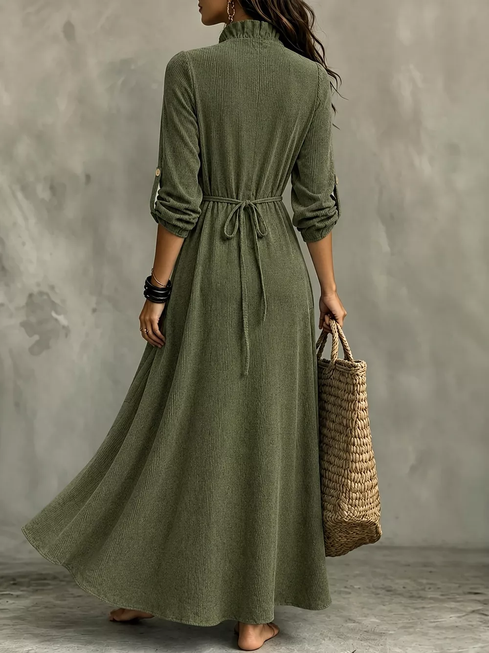 Full Size V-Neck Maxi Dress with Roll-Up Sleeves Plus Size, image 3