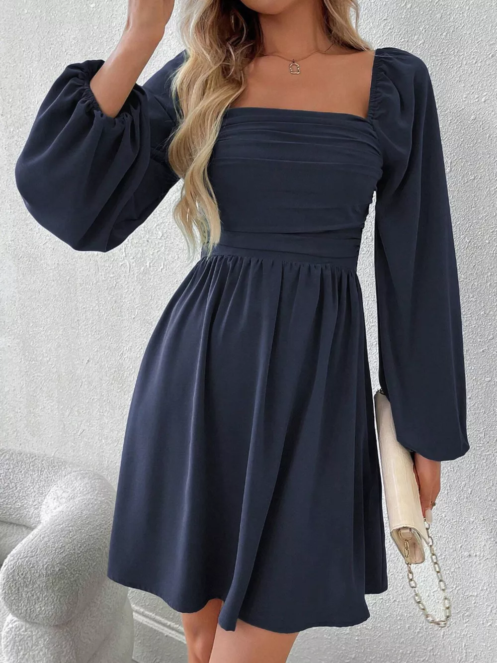 Ruched Square Neck Long Sleeve A-Line Dress, image 12
