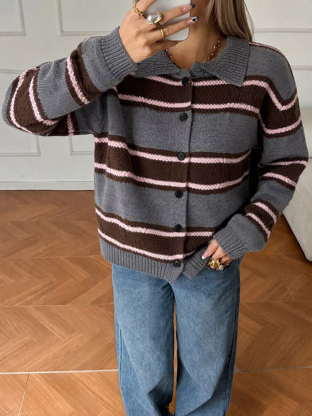 Vintage-Inspired Striped Knit Cardigan with Polo Collar, image 18