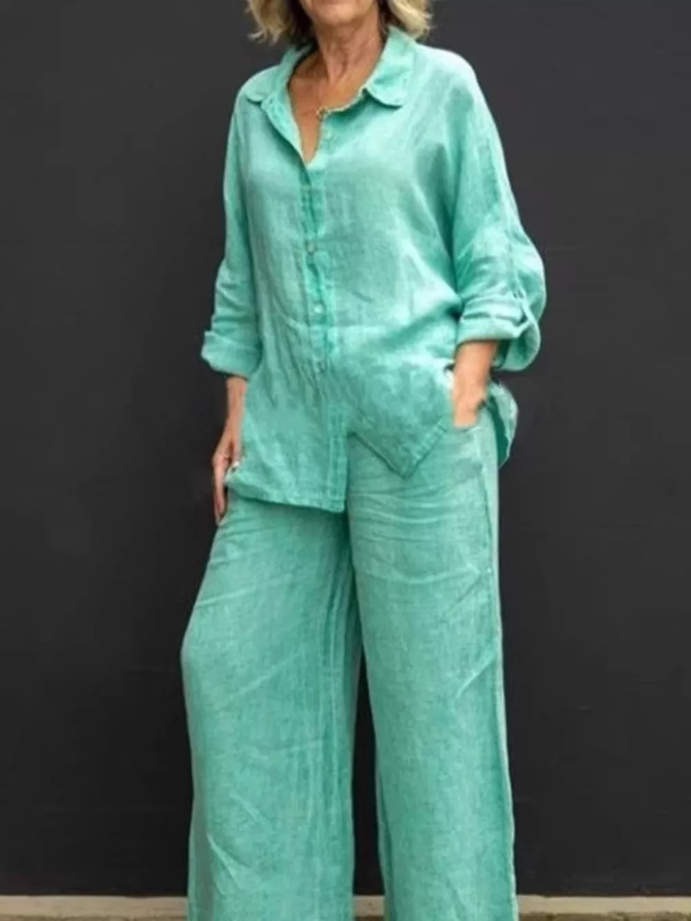 Full Size Long Sleeve Shirt and Pants Set Plus Size