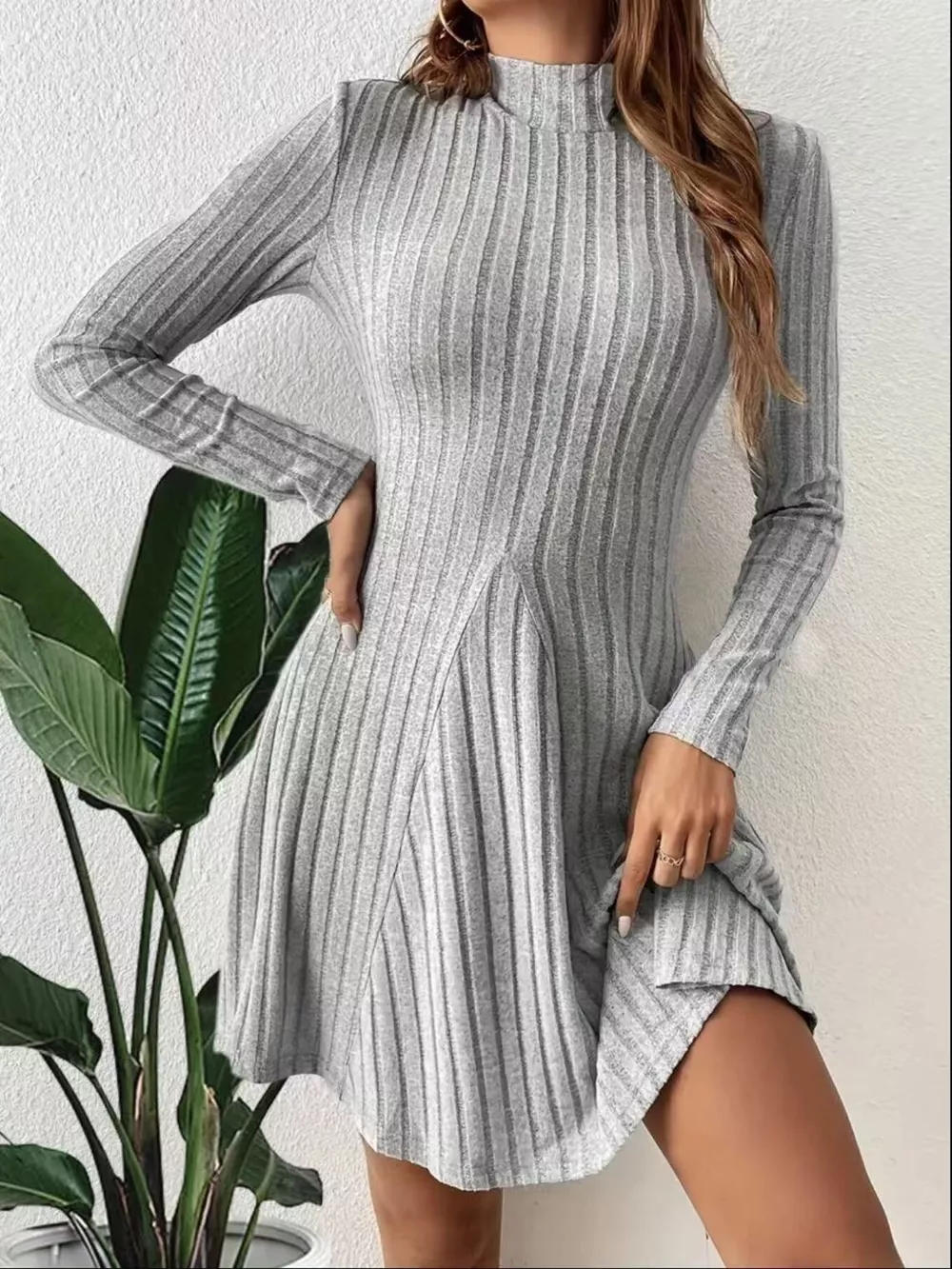 Ribbed Knit Mock Neck Long Sleeve Mini Dress, image 5