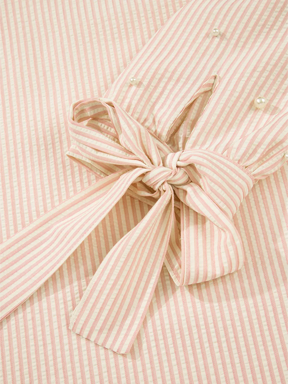 Stripe Bow Knot Cuff Pearl Embellished Puff Sleeve V Neck Blouse, image 5