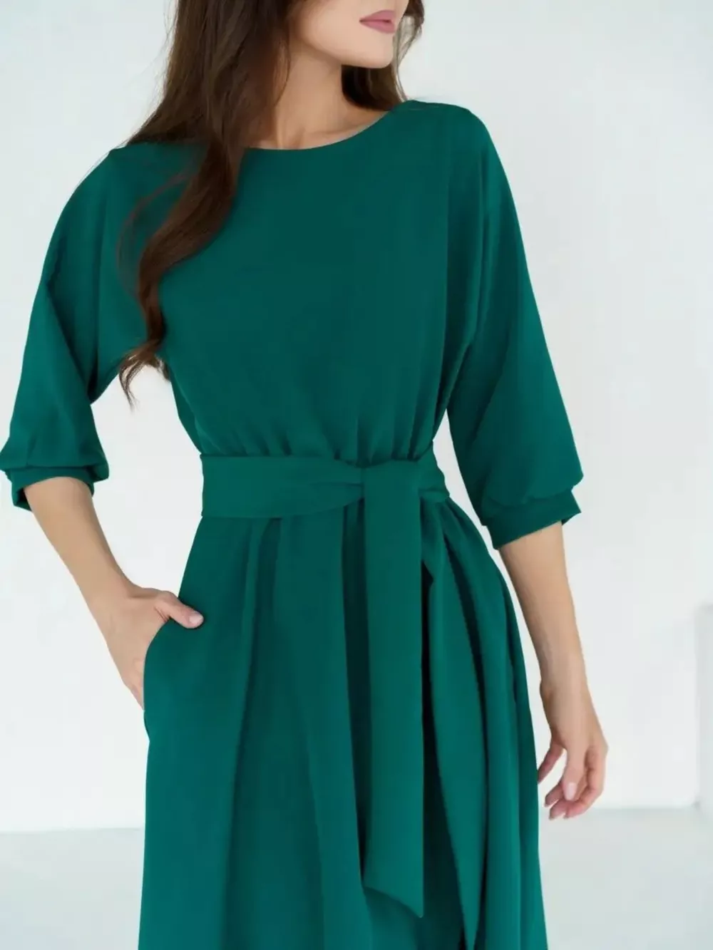 Elegant Belted Waist Midi Dress, image 3
