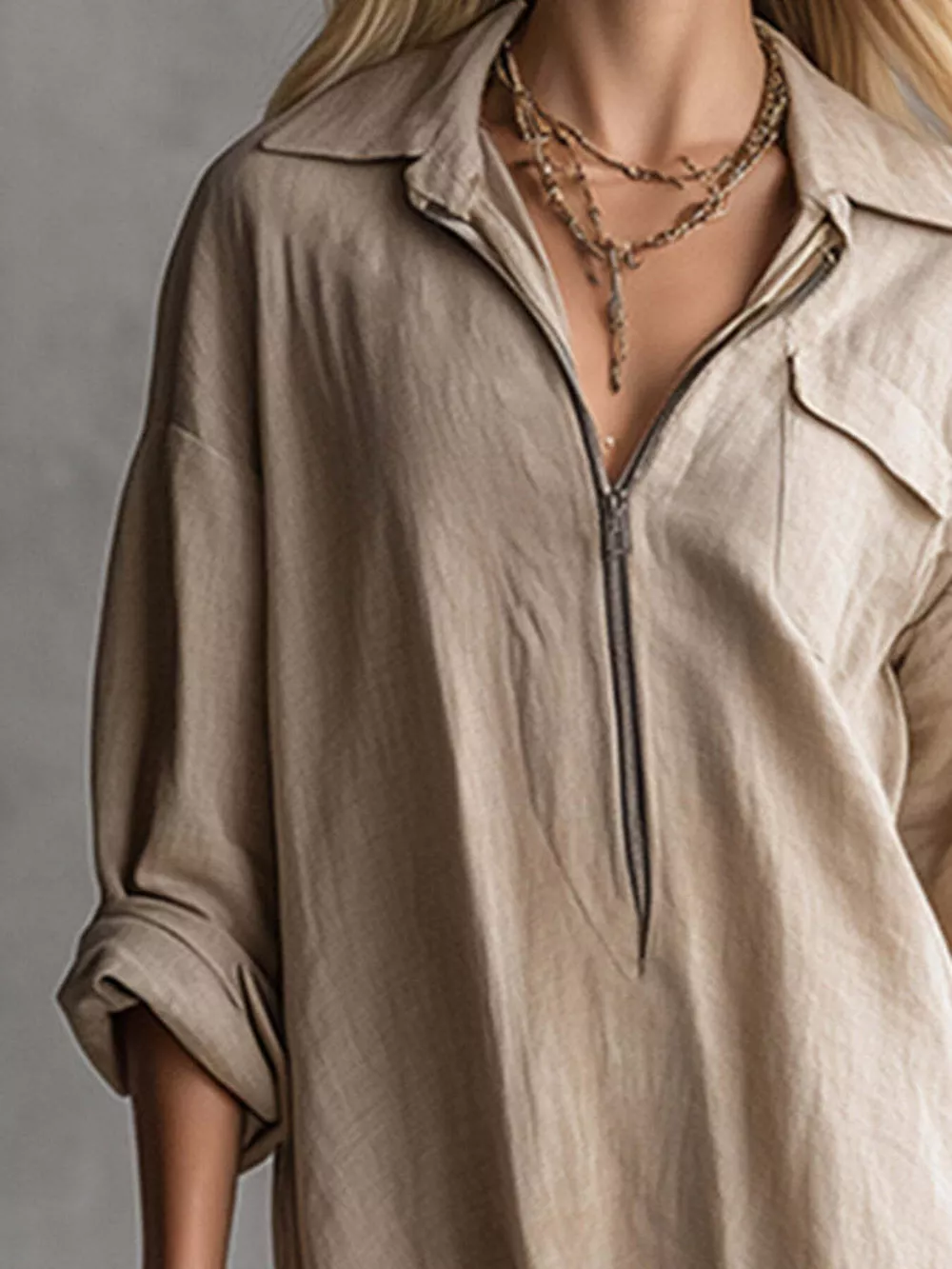 Fringe Hem Zip-Up Shirt Dress, image 10