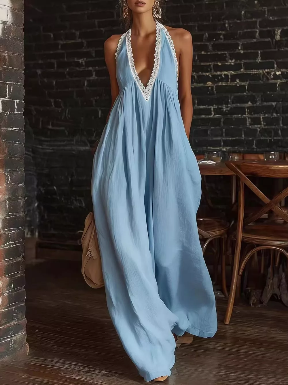Full Size Halter Neck Lace Trim Wide Leg Jumpsuit Plus Size, image 9