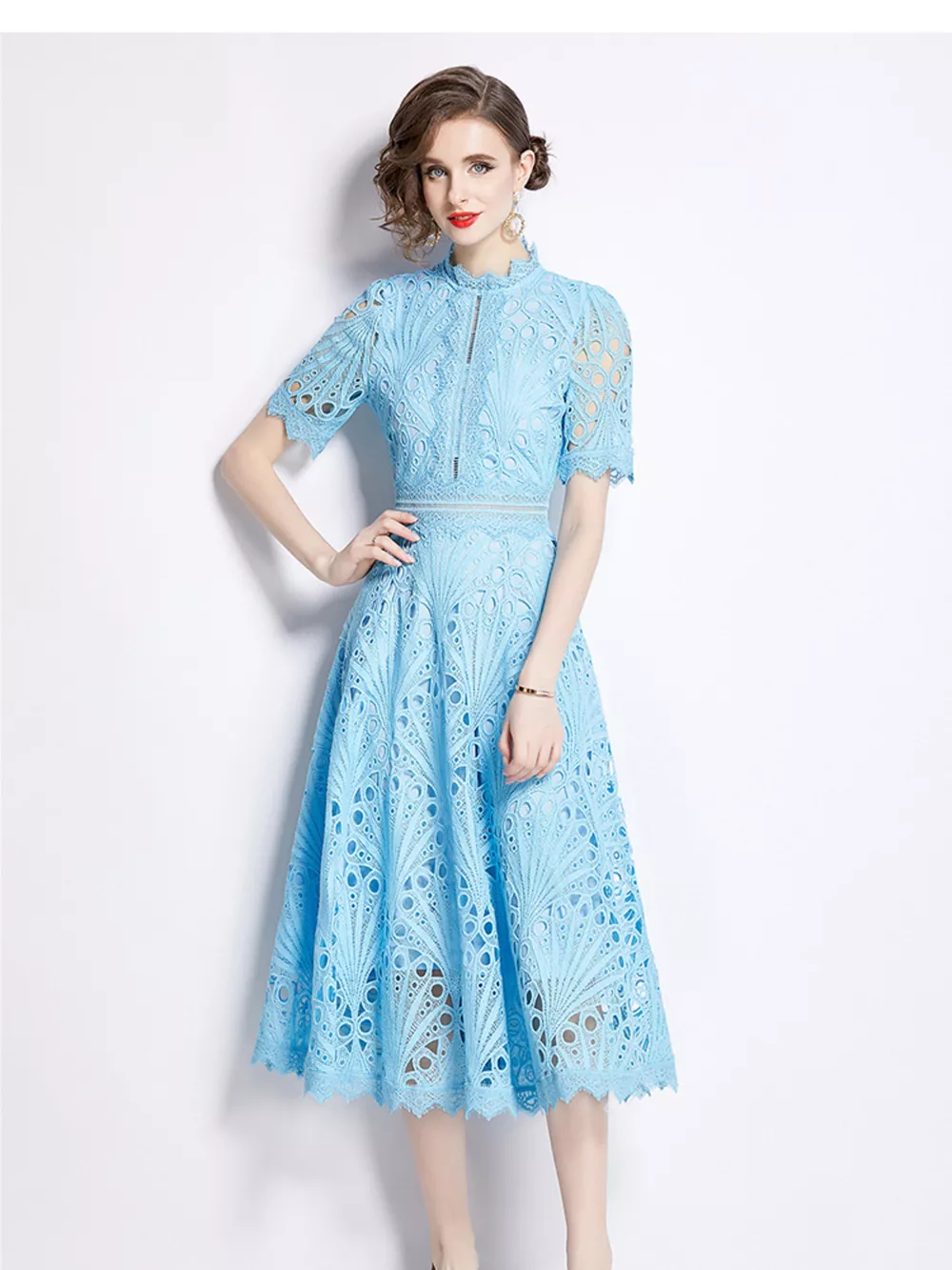 Full Size Lace Short Sleeve Midi Dress Plus Size, image 9