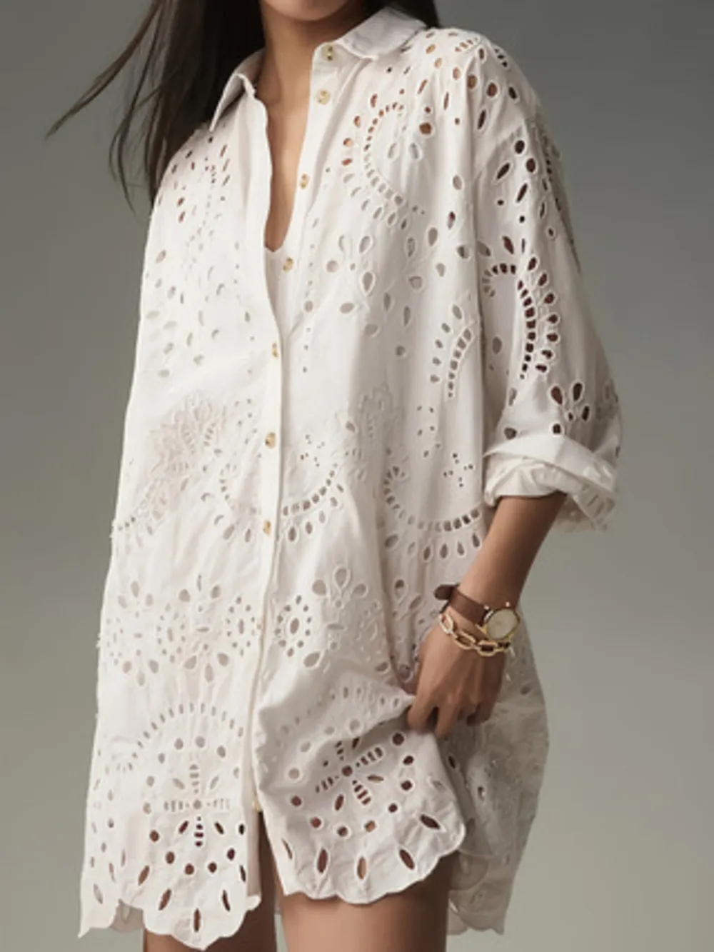 Eyelet Button Front Shirt Dress