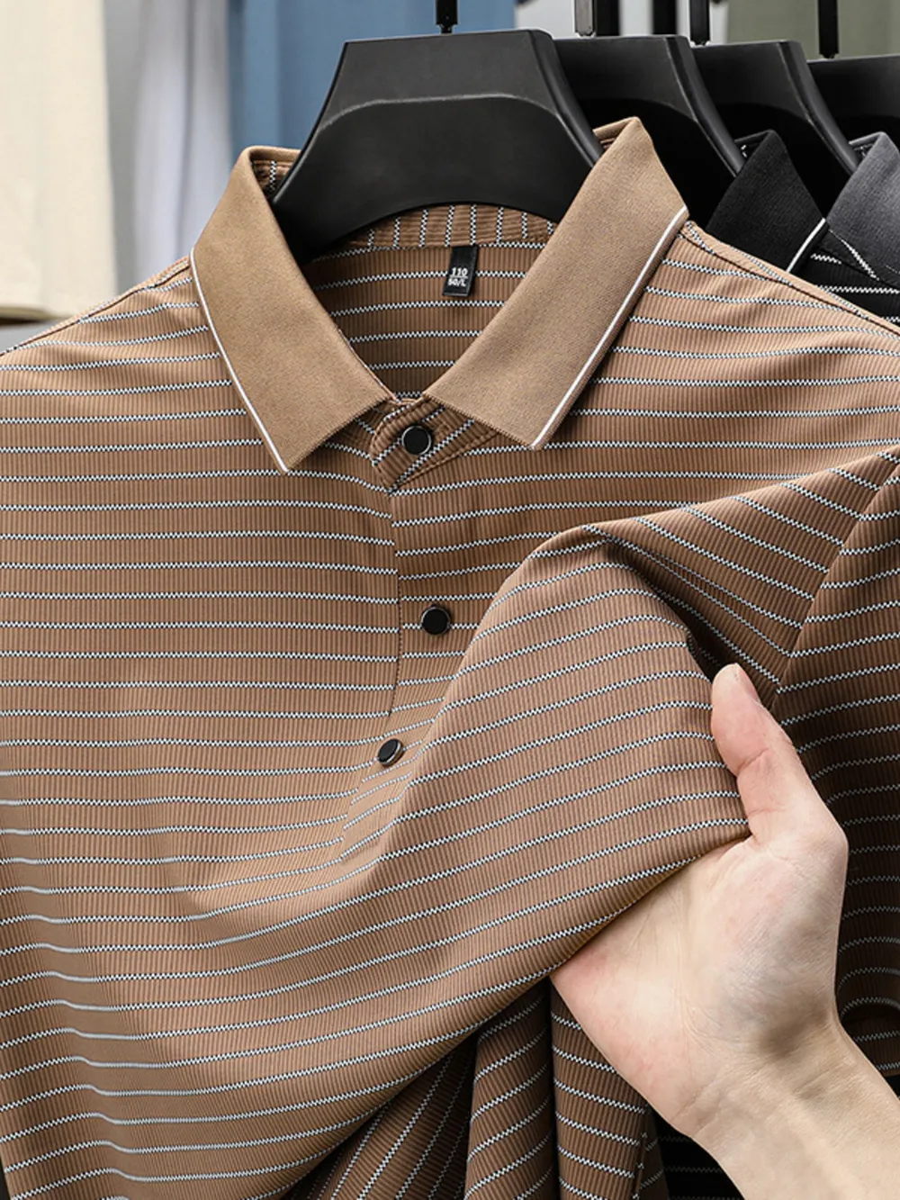 Men's Full Size Striped Button Detail Short Sleeve Polo Plus Size, image 4